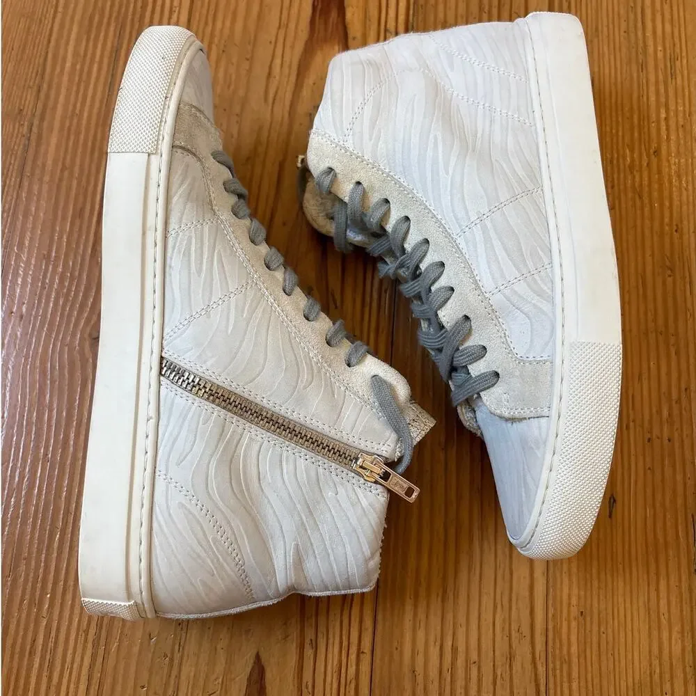 P448 ivory white leather zebra print faux fur lining high top sneakers‎ SIZE 7
